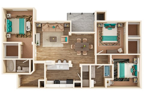 Floor plan for 3 beds, 2 baths, 1299 sqft